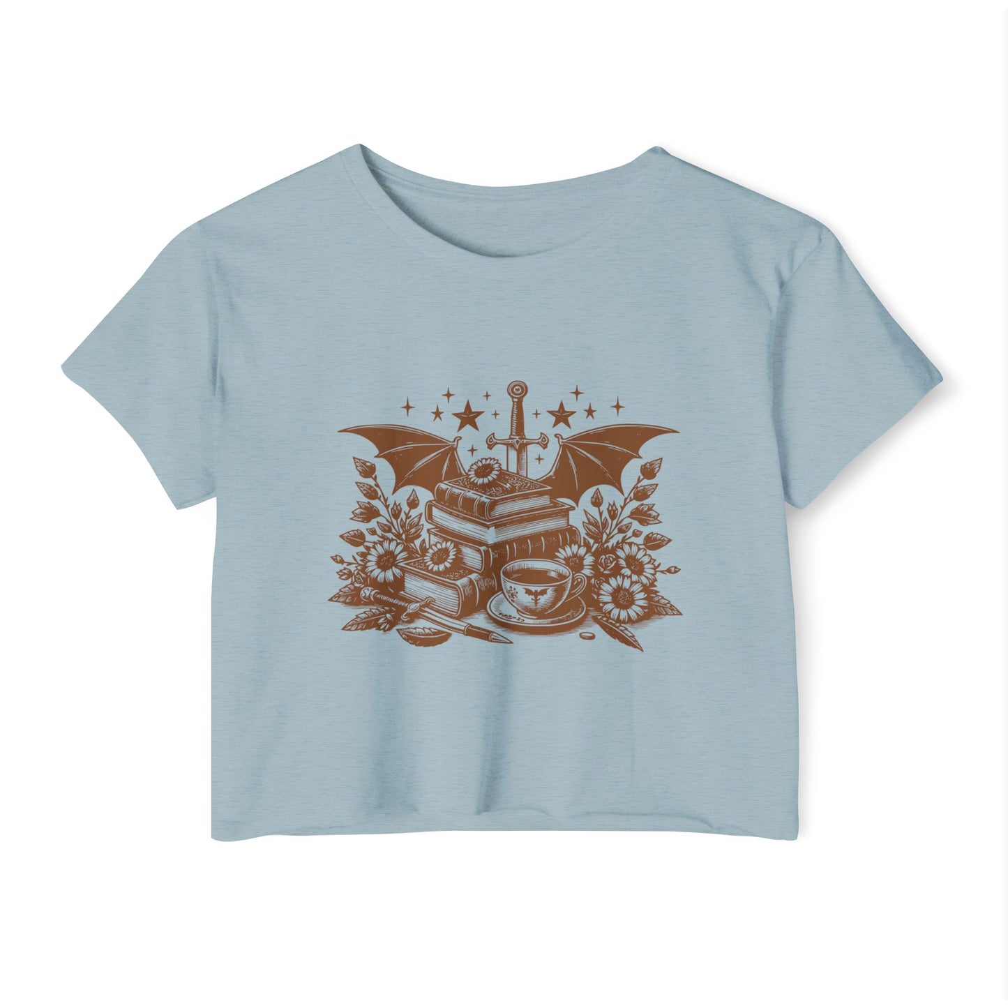 Vintage Winged Stack of Books Crop Top