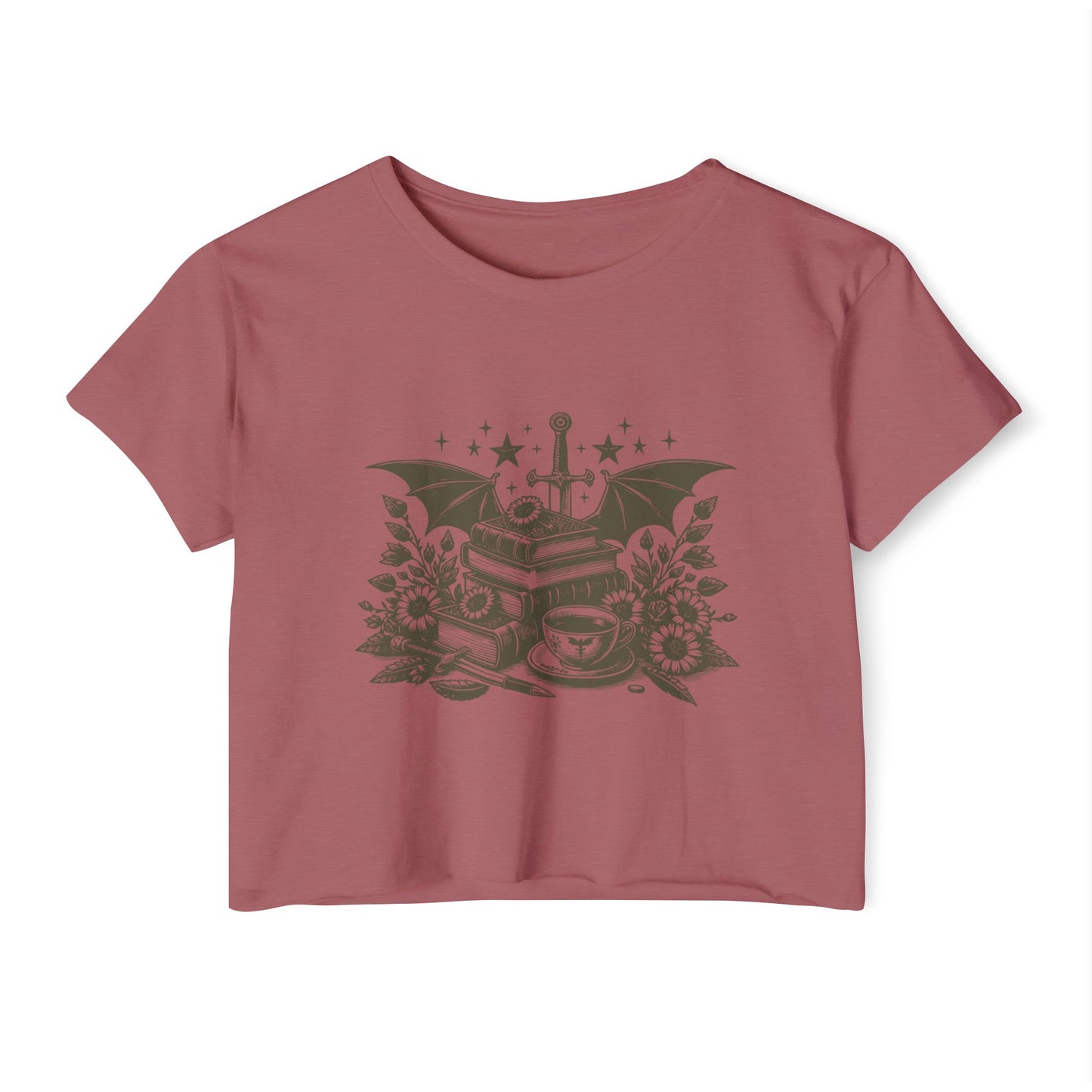 Vintage Grey Winged Stack of Books Crop Top