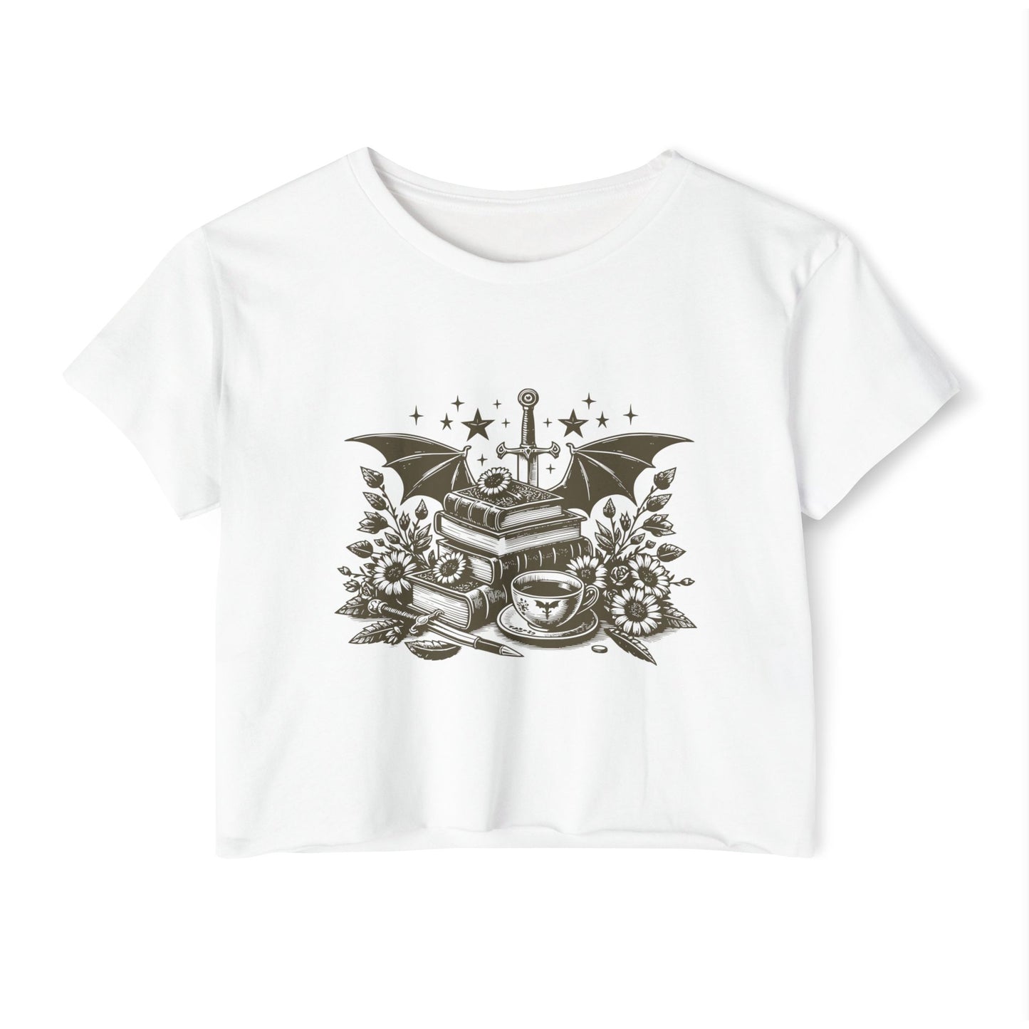 Vintage Grey Winged Stack of Books Crop Top