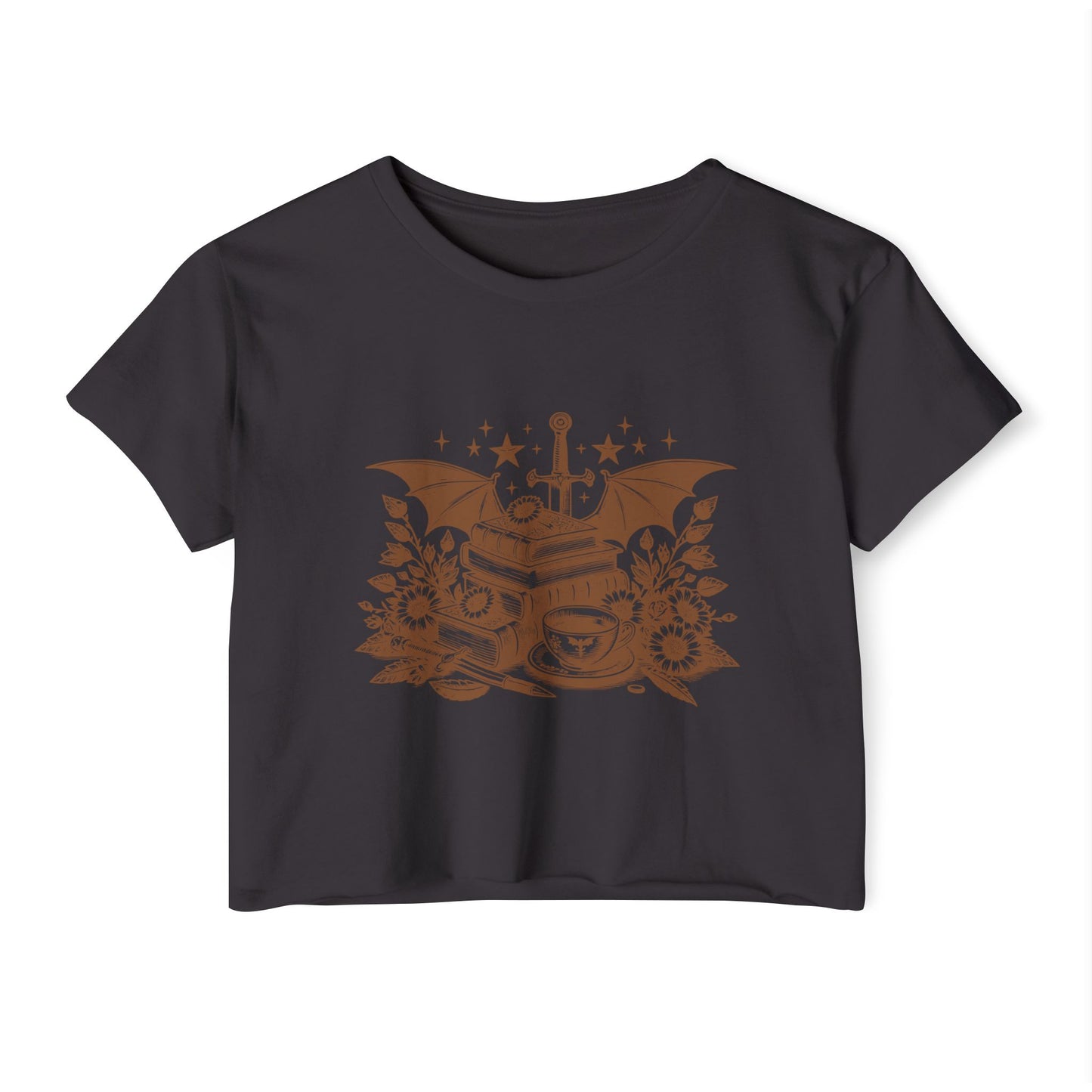 Vintage Winged Stack of Books Crop Top