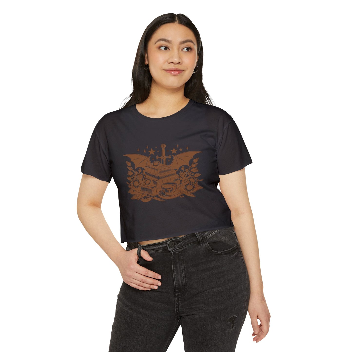 Vintage Winged Stack of Books Crop Top