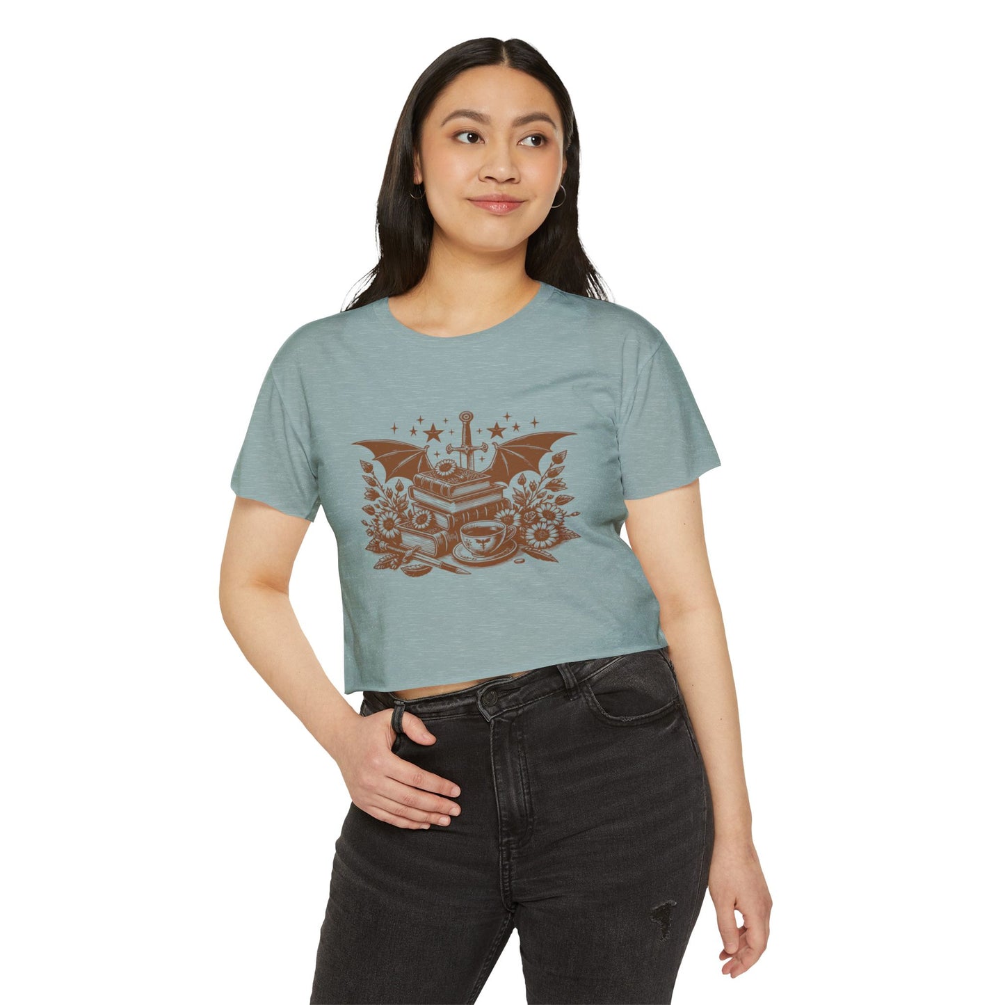 Vintage Winged Stack of Books Crop Top