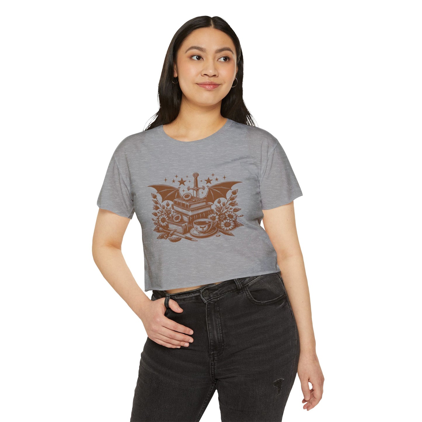 Vintage Winged Stack of Books Crop Top