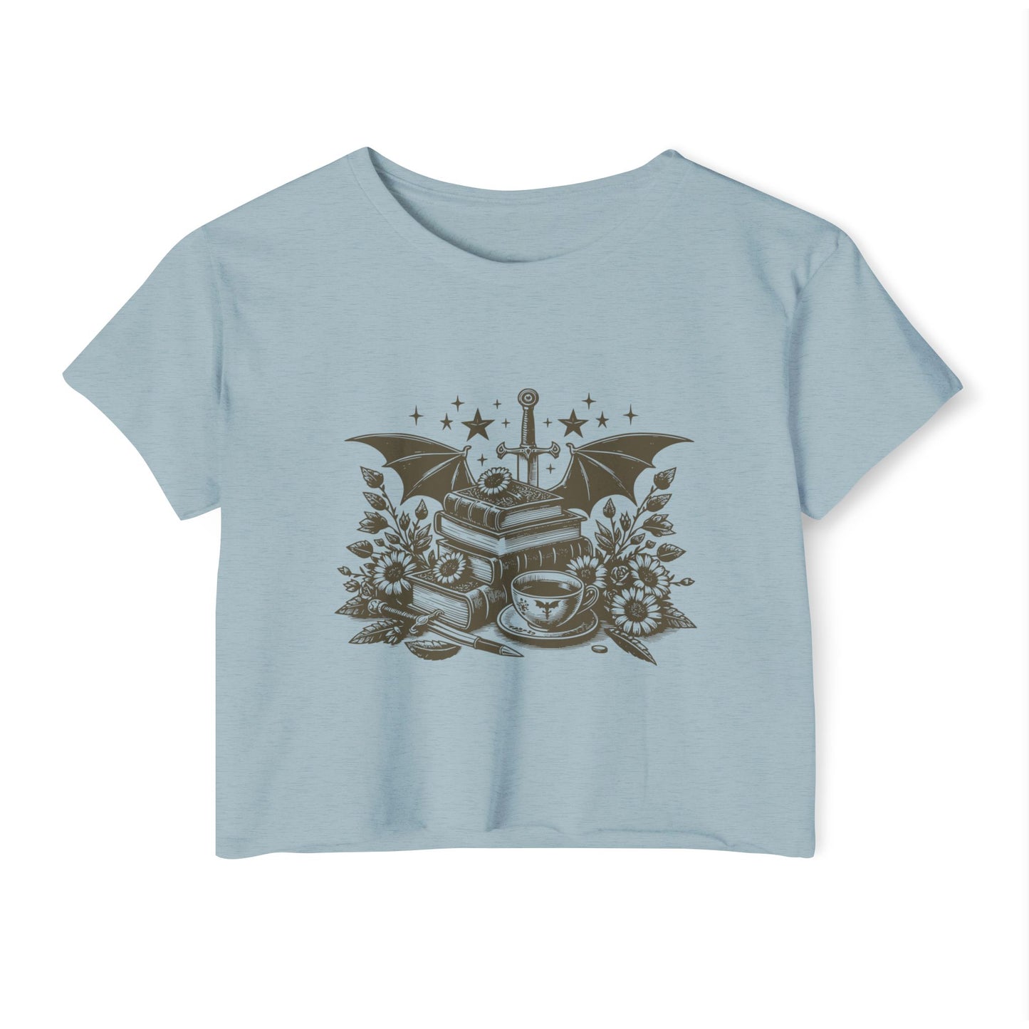 Vintage Grey Winged Stack of Books Crop Top