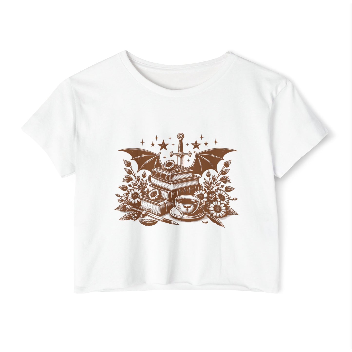 Vintage Winged Stack of Books Crop Top