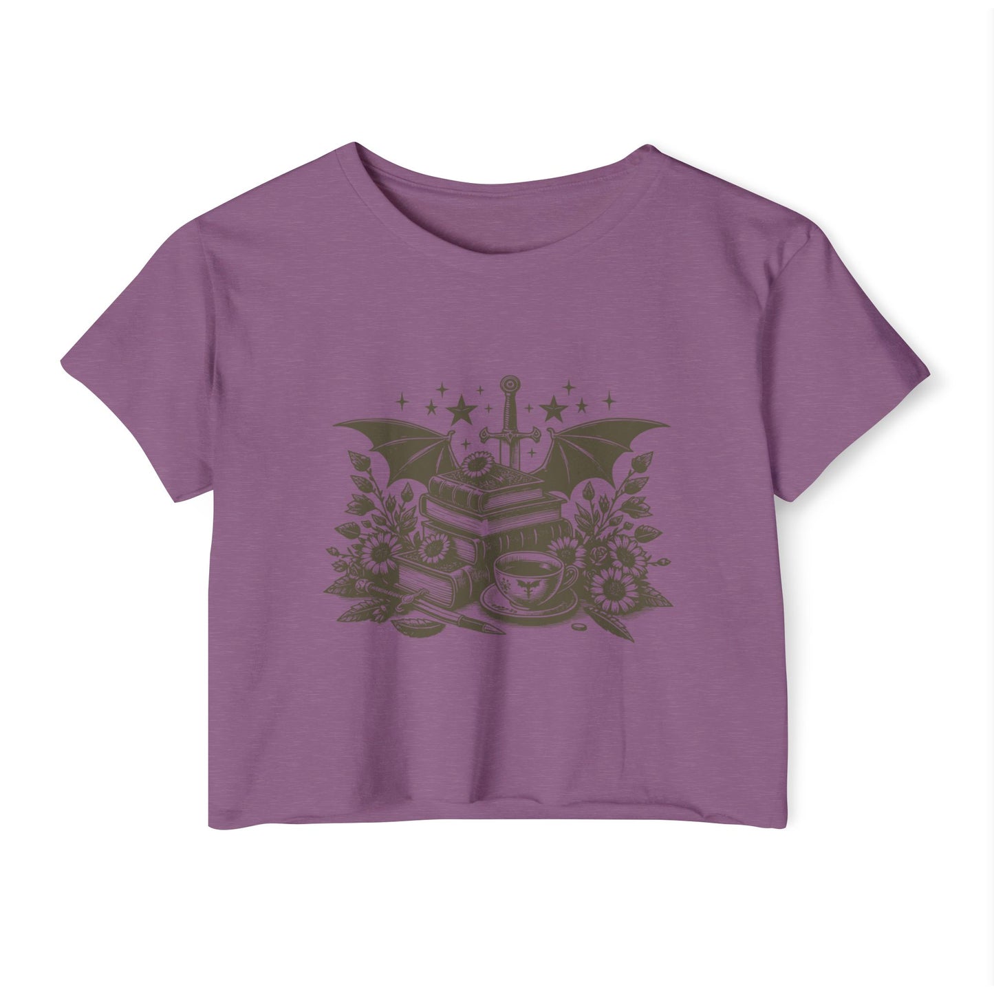 Vintage Grey Winged Stack of Books Crop Top