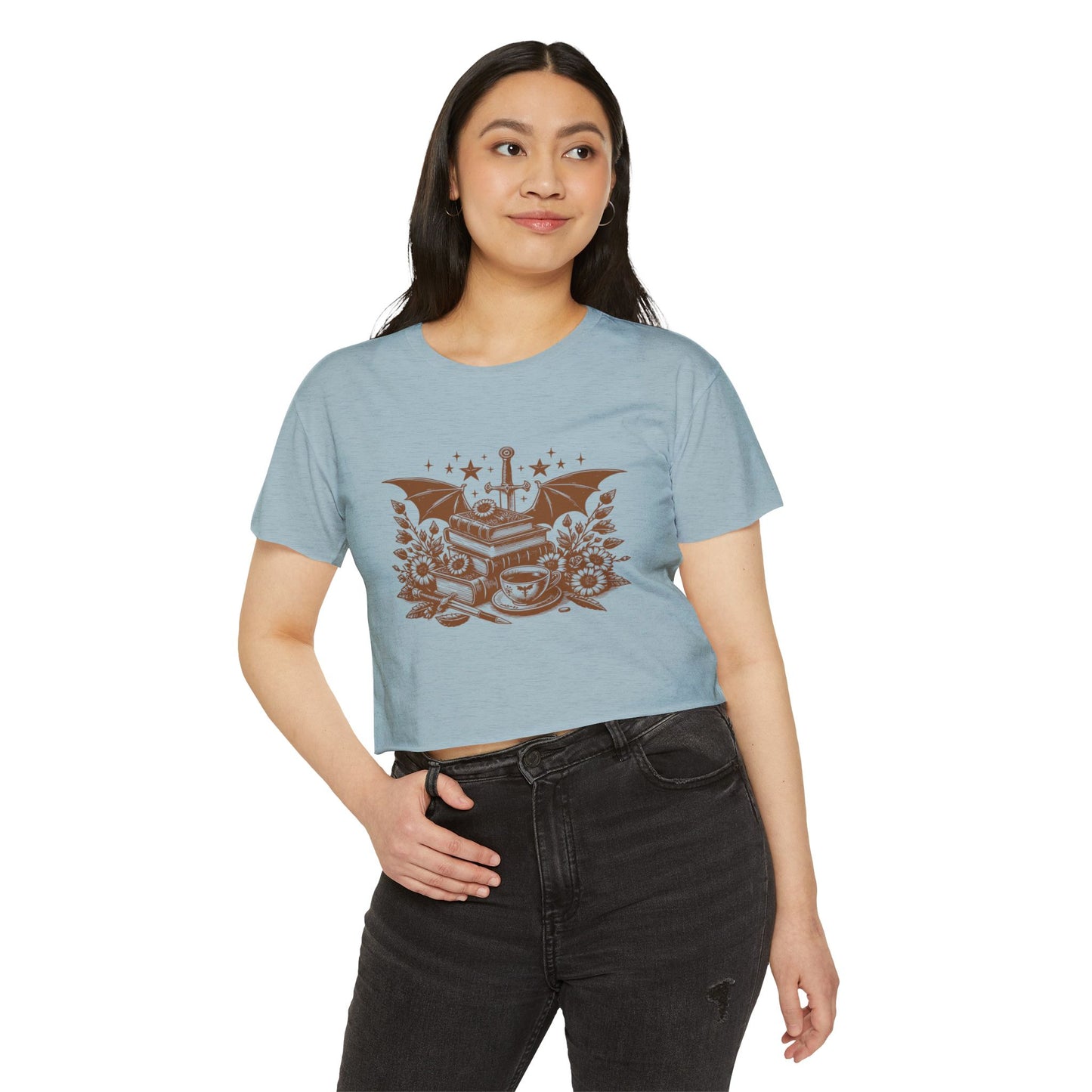 Vintage Winged Stack of Books Crop Top