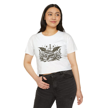 Vintage Grey Winged Stack of Books Crop Top