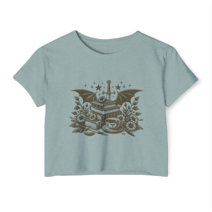 Vintage Grey Winged Stack of Books Crop Top
