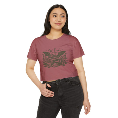Vintage Grey Winged Stack of Books Crop Top