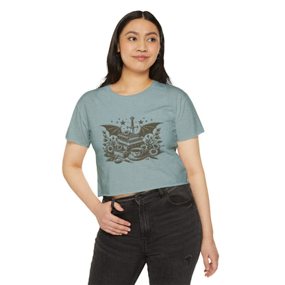 Vintage Grey Winged Stack of Books Crop Top