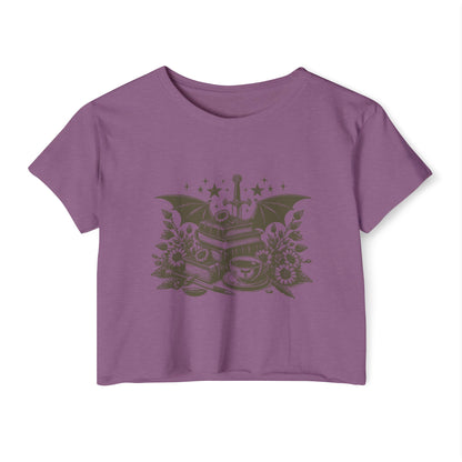 Vintage Grey Winged Stack of Books Crop Top